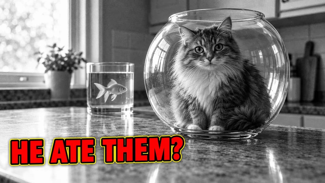 He ate them-style thumbnail: a black and white cat sitting in an empty fishbowl, a goldfish in a glass of water beside it, red text HE ATE THEM?