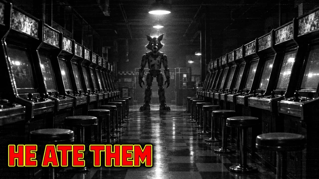 He ate them-style thumbnail: a wide black and white shot of an empty arcade with one tall animatronic wolf at the end, red text HE ATE THEM