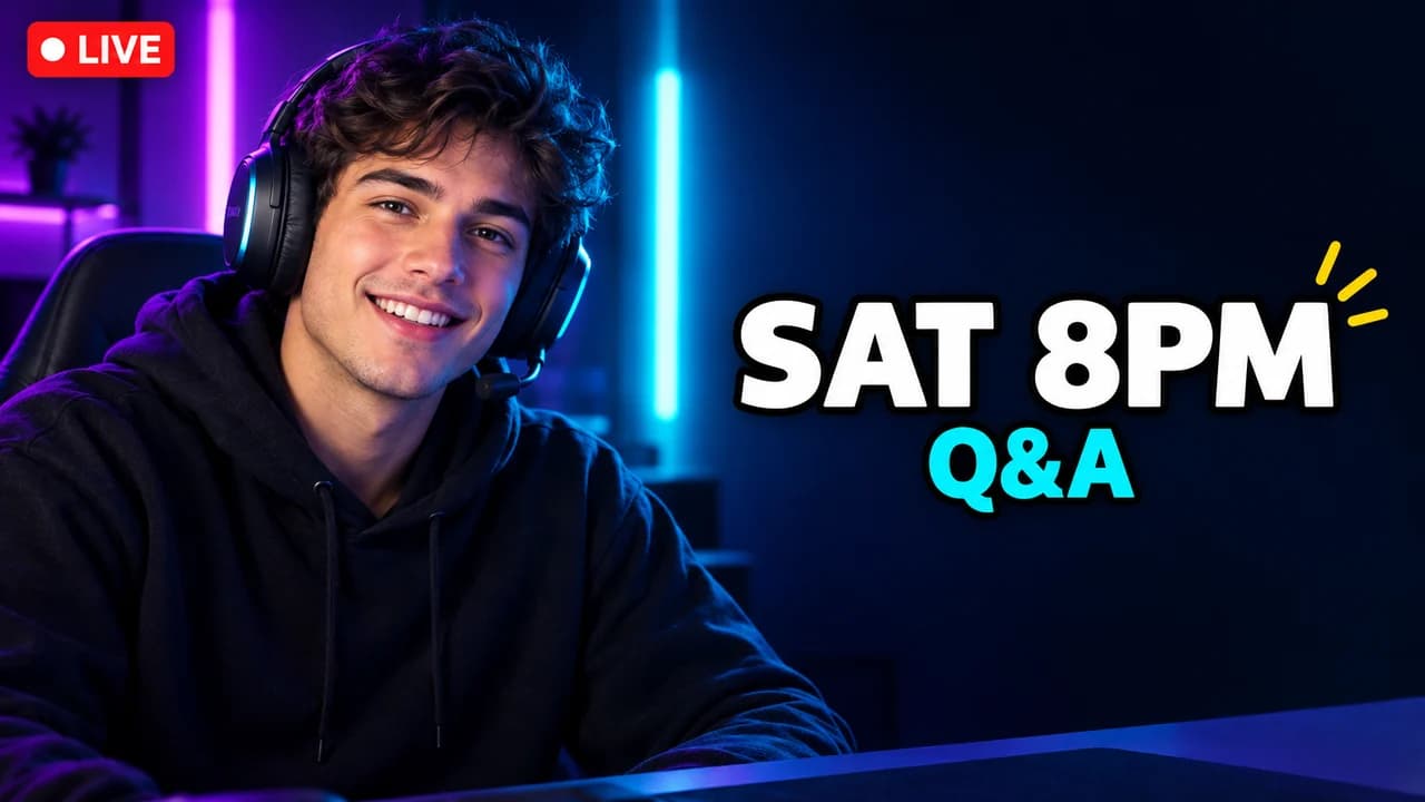Livestream thumbnail: a smiling streamer with a headset in a neon room, red LIVE tag, text SAT 8PM and Q&A