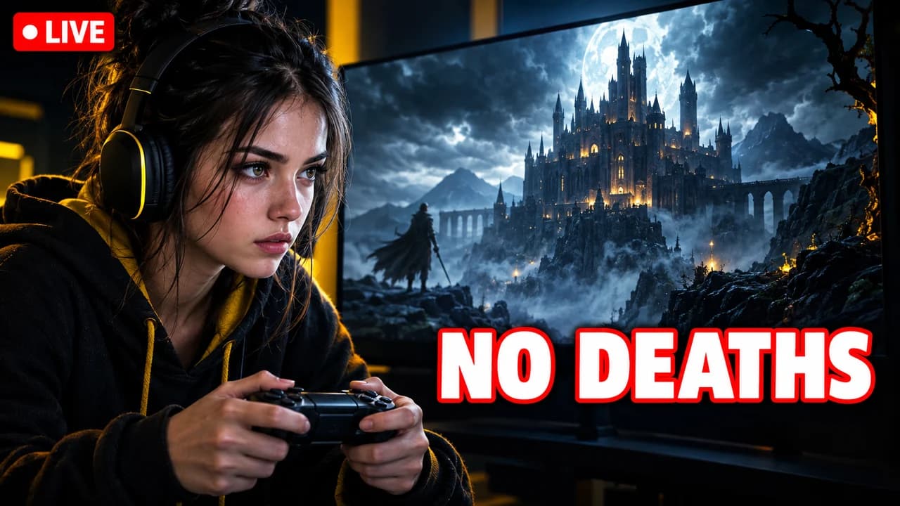 Gaming stream thumbnail: a focused streamer gripping a controller in front of a glowing castle game scene, red LIVE tag, text NO DEATHS