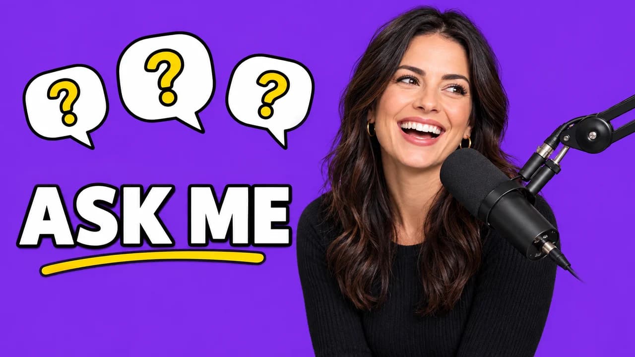 Q&A stream thumbnail: a woman laughing at a microphone beside three chat bubbles with question marks, text ASK ME