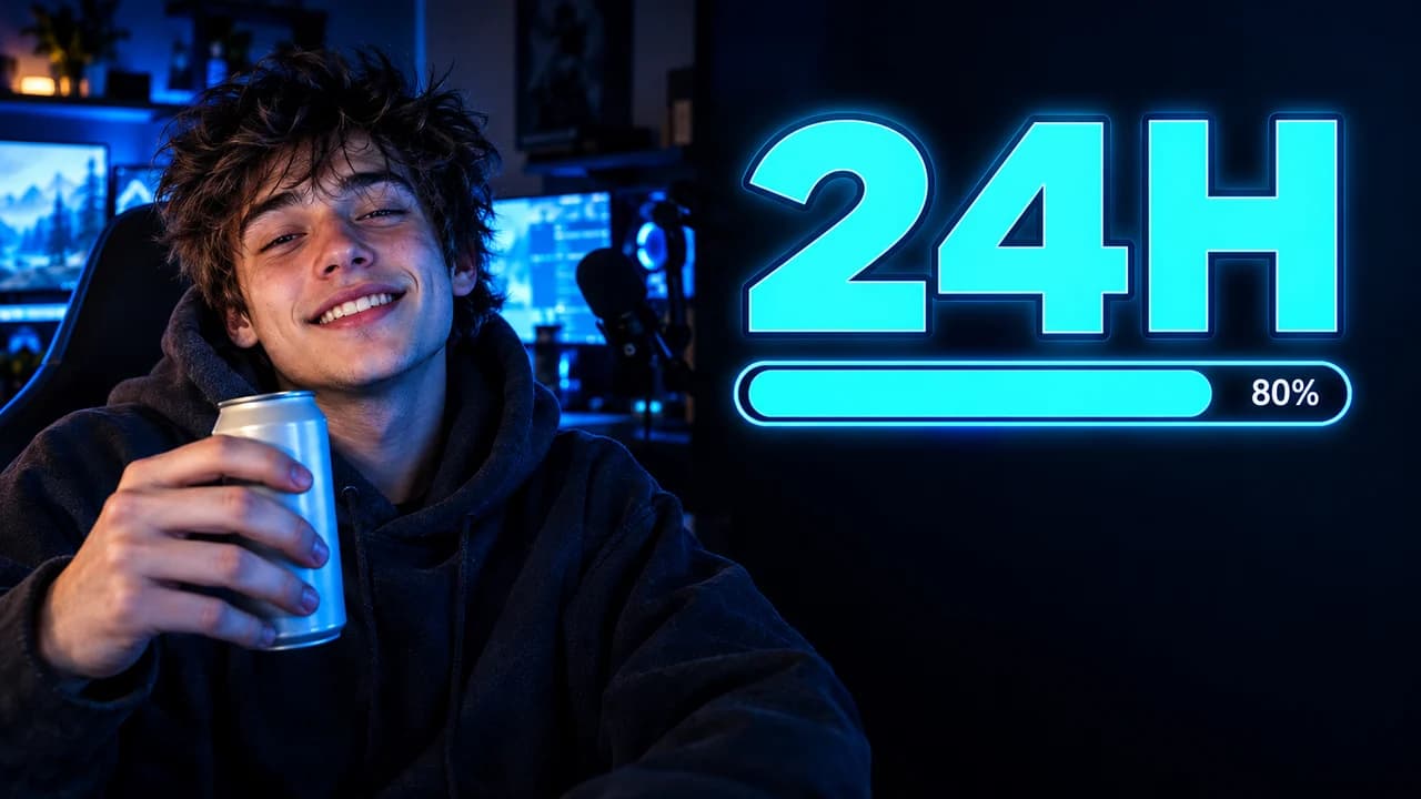Livestream marathon thumbnail: a tired grinning streamer with an energy drink beside a huge cyan 24H badge and a goal bar