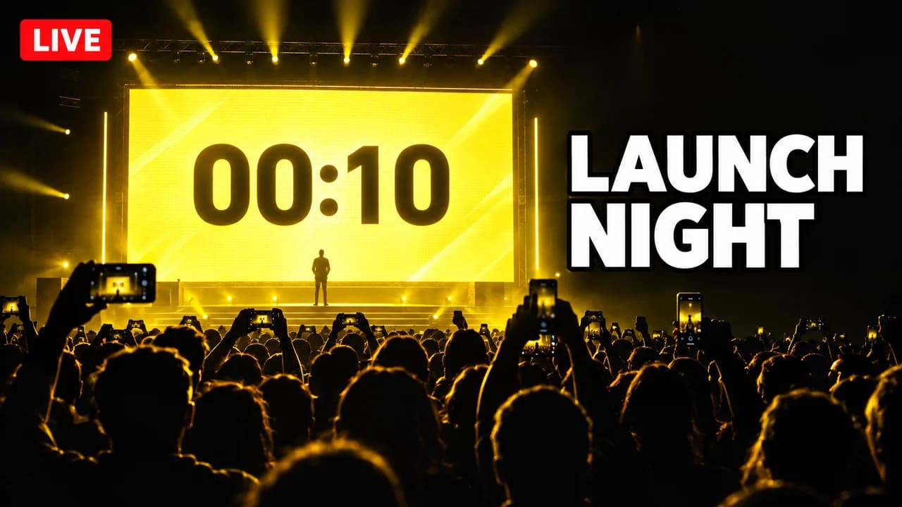 Live event thumbnail: a big stage screen showing a 00:10 countdown, a crowd holding up phones, red LIVE tag, text LAUNCH NIGHT
