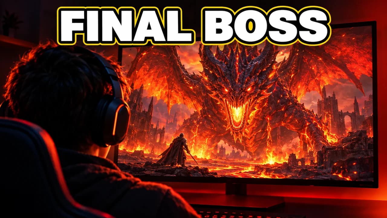 Stream replay thumbnail: over-the-shoulder view of a streamer in a headset facing a monitor with a fire dragon boss, no LIVE tag, text FINAL BOSS