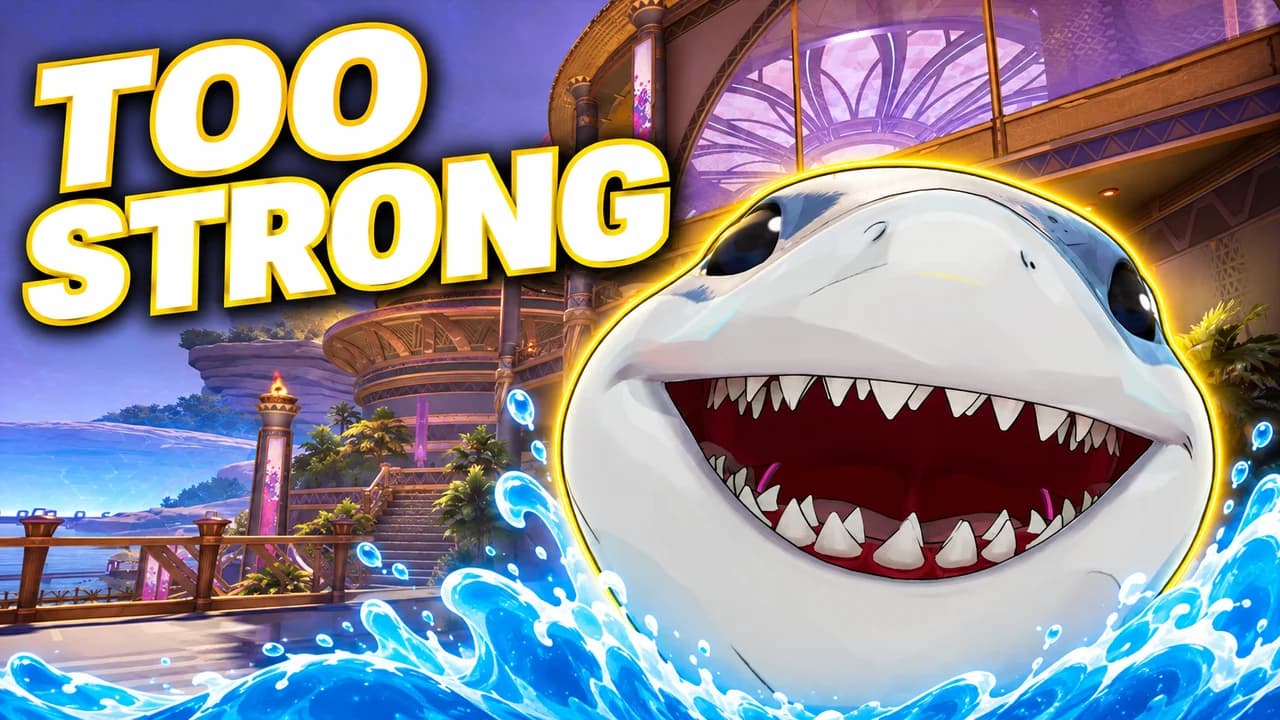 Marvel Rivals thumbnail: Jeff the Land Shark grinning as he bursts out of a blue water splash by a seaside palace terrace, text TOO STRONG
