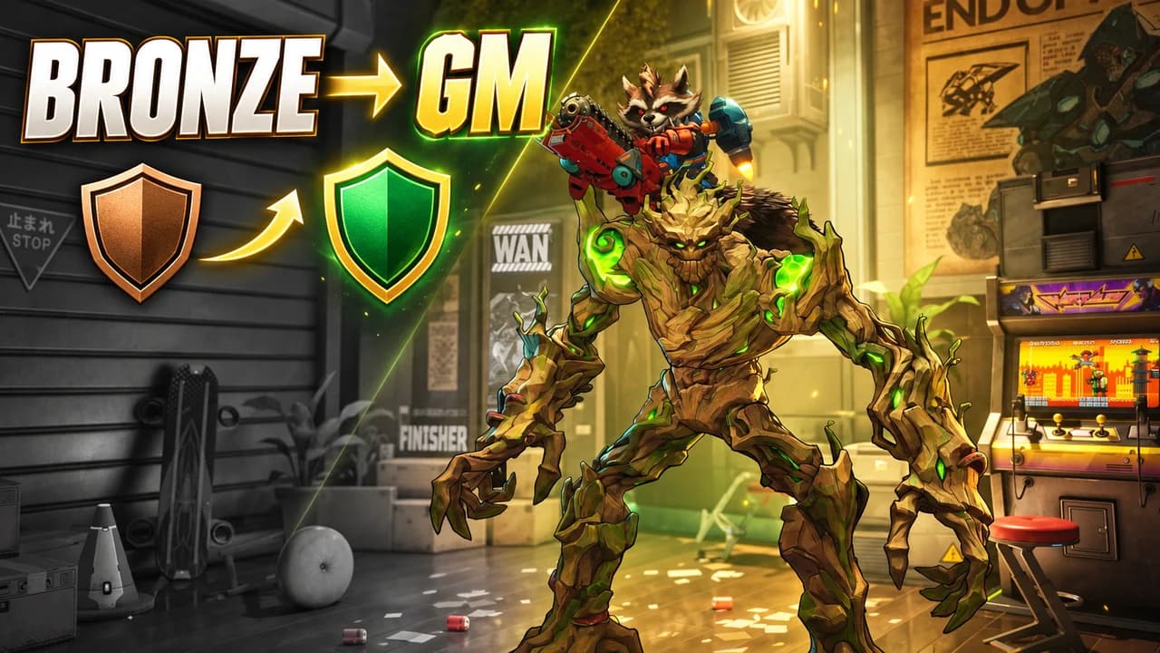 Marvel Rivals thumbnail: Groot with Rocket on his shoulder in a city alley, left side grey, a bronze shield arrowing to a green one, text BRONZE → GM