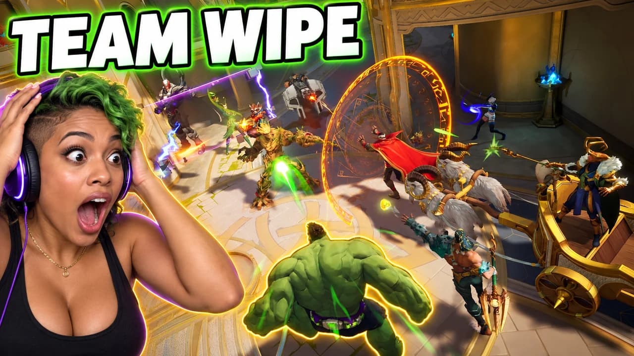 Marvel Rivals thumbnail: an invented green-haired streamer, hands on her head, Hulk leaping into a team fight in a golden hall, text TEAM WIPE