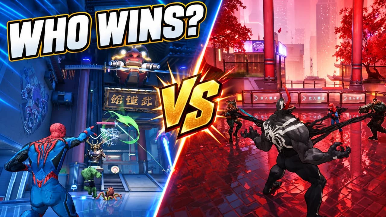 Marvel Rivals thumbnail: Spider-Man firing webs on a blue street and Venom grabbing enemies with tendrils on a red street, a gold VS, text WHO WINS?