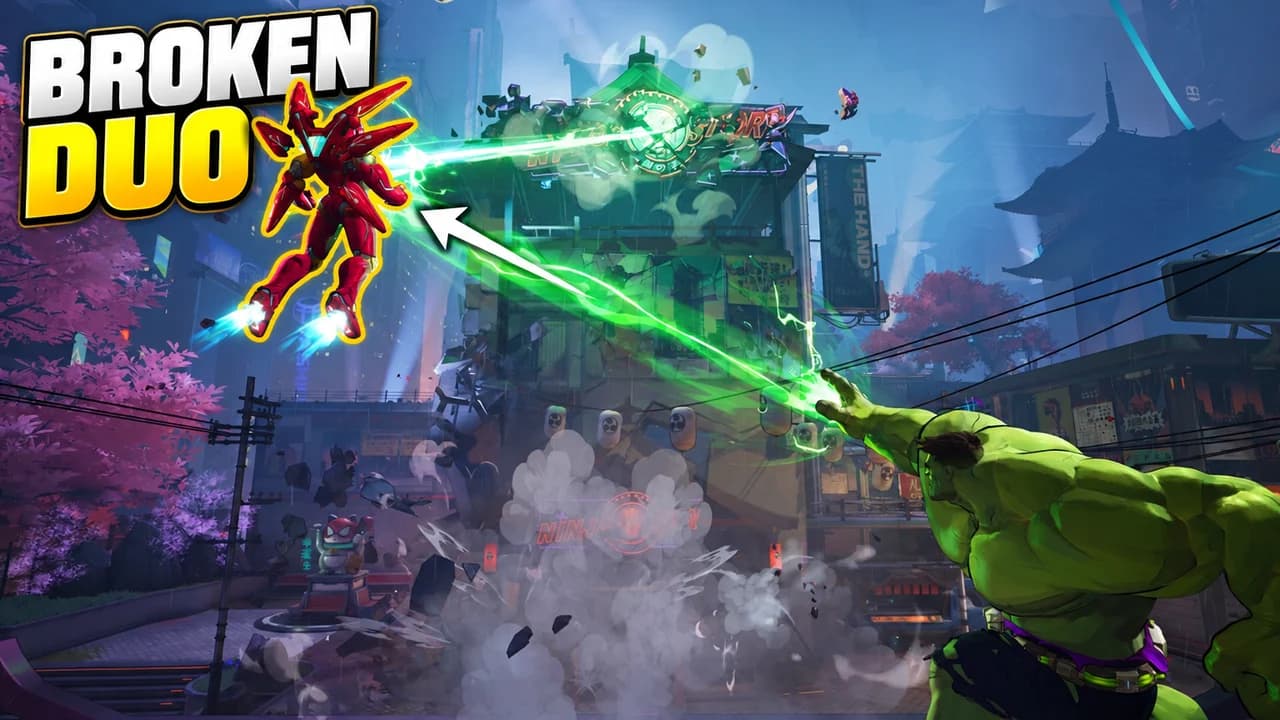 Marvel Rivals thumbnail: Hulk firing a green gamma beam up at a flying red Iron Man over a neon Tokyo street, a white arrow, text BROKEN DUO