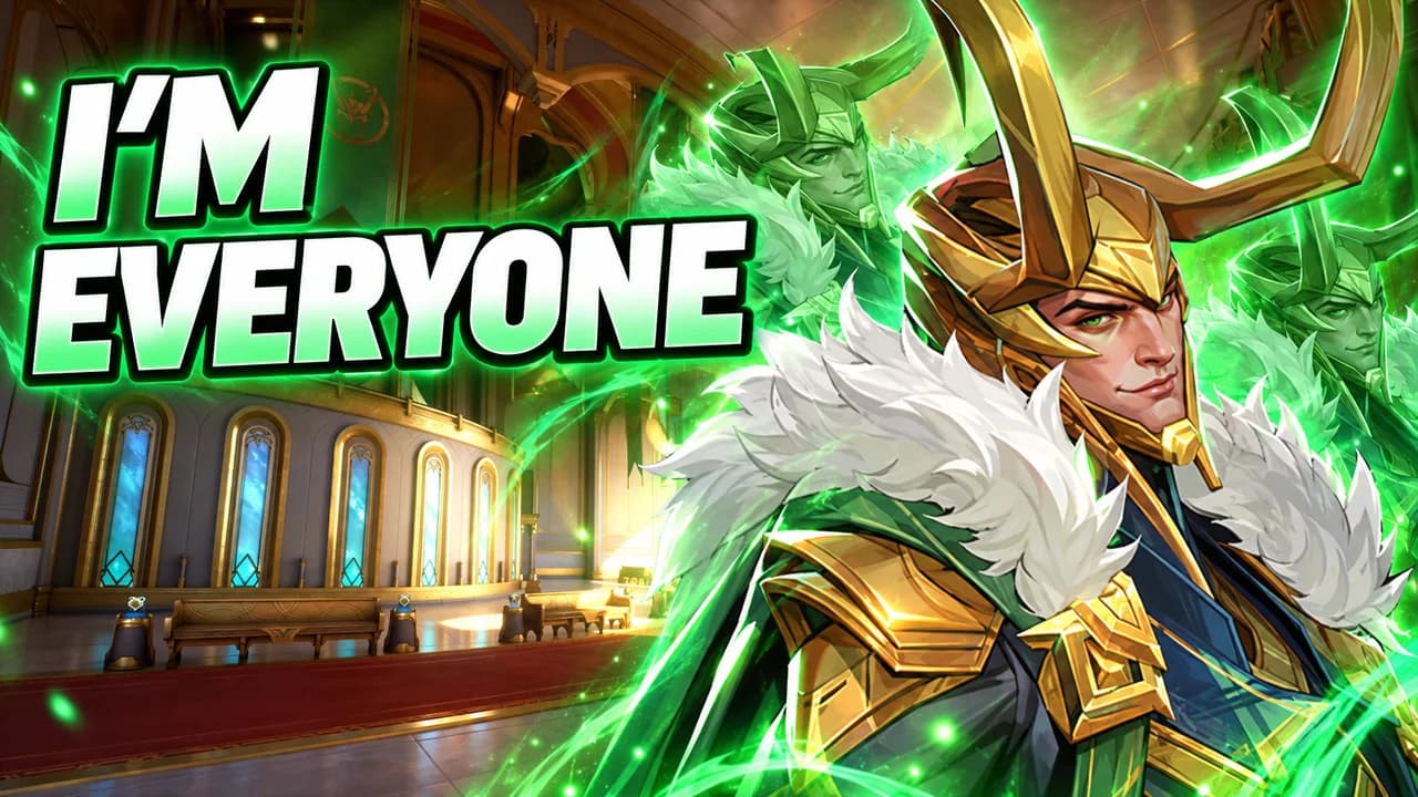 Marvel Rivals thumbnail: Loki smirking in his golden horned helmet, two green illusion copies behind him, a palace hall, text I'M EVERYONE