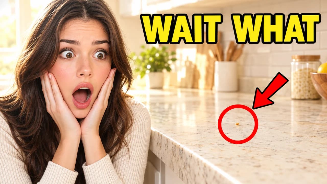 Meme-style red circle thumbnail: a shocked woman, hands on cheeks, beside a counter with one crumb circled in red, text WAIT WHAT