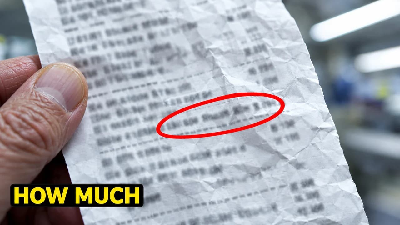 Meme-style red circle thumbnail: extreme close-up of the end of a long receipt, one price line circled in red, text HOW MUCH