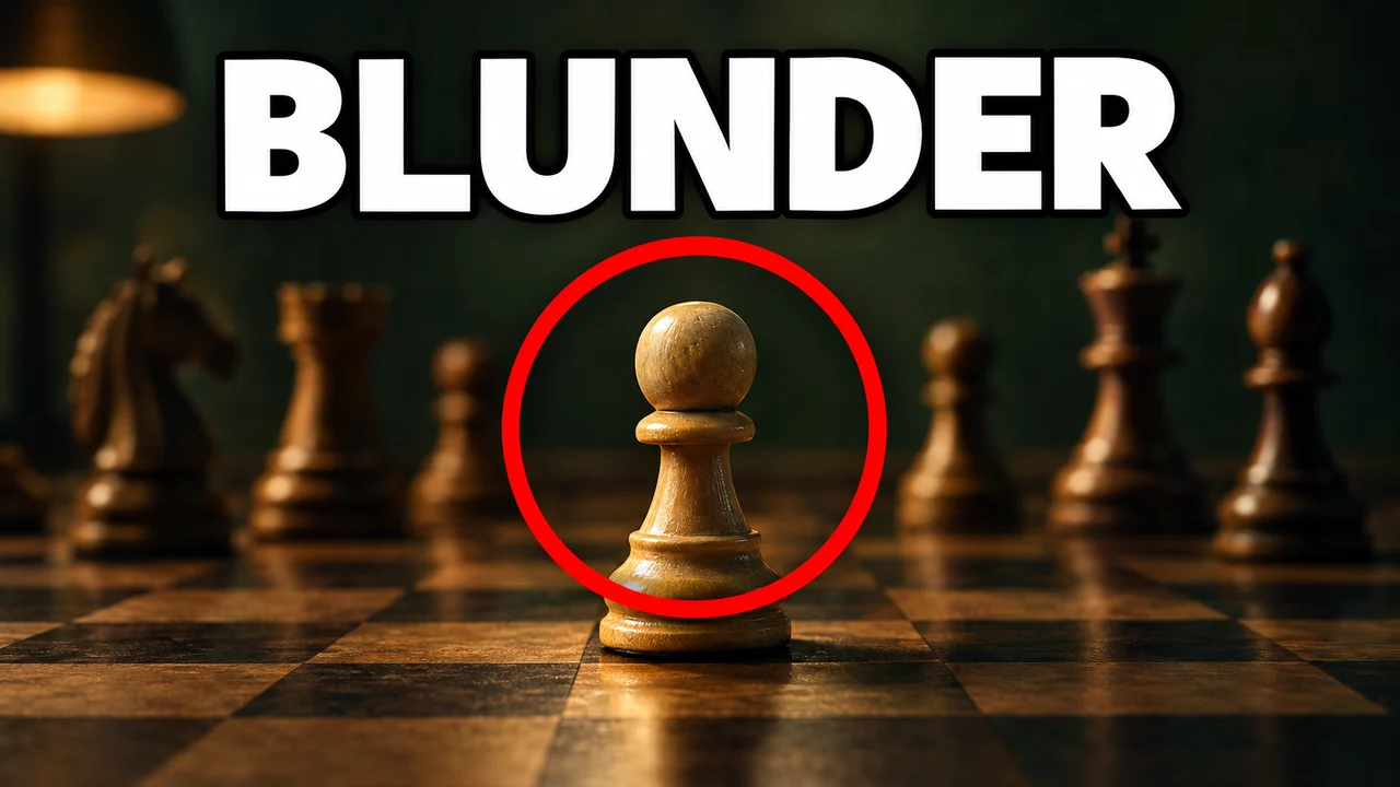 Meme-style red circle thumbnail: a single pawn dead centre on a dim chessboard inside a red circle, huge word BLUNDER above