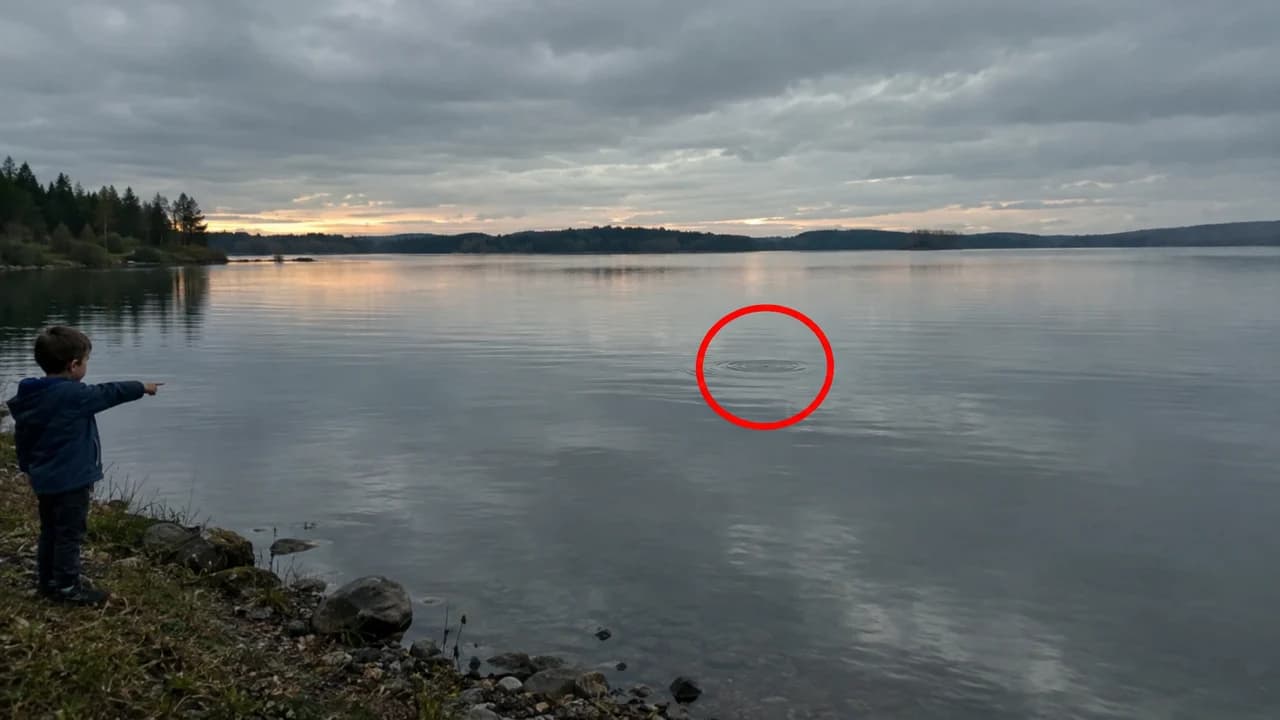Meme-style red circle thumbnail: a wide shot of a grey lake at dusk, a tiny boy pointing at a far ripple circled in red, no text