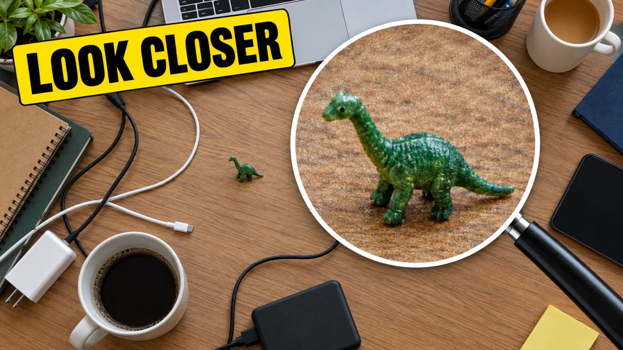 Meme-style absurd zoom thumbnail: a top-down view of a messy desk, a tiny toy dinosaur in a huge magnifier inset, sticker LOOK CLOSER