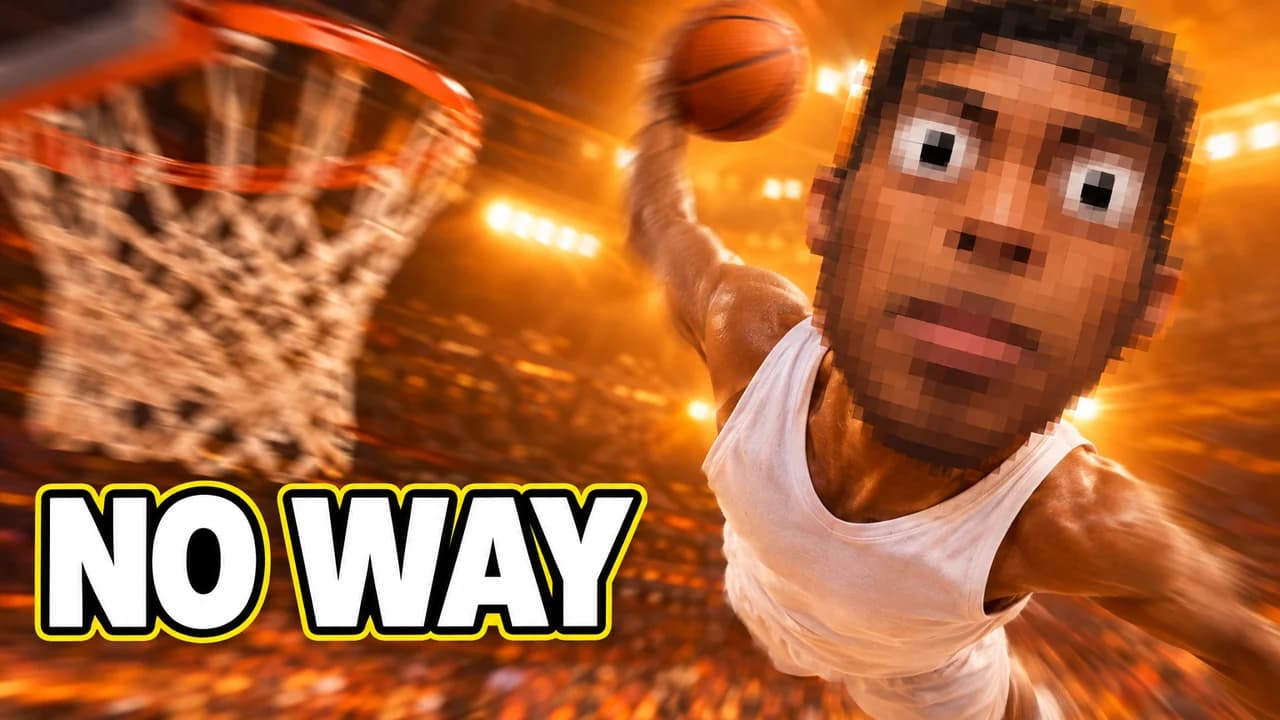 Meme-style absurd zoom thumbnail: a basketball player frozen mid-dunk on the right, face zoomed and pixelated, blank stare, text NO WAY