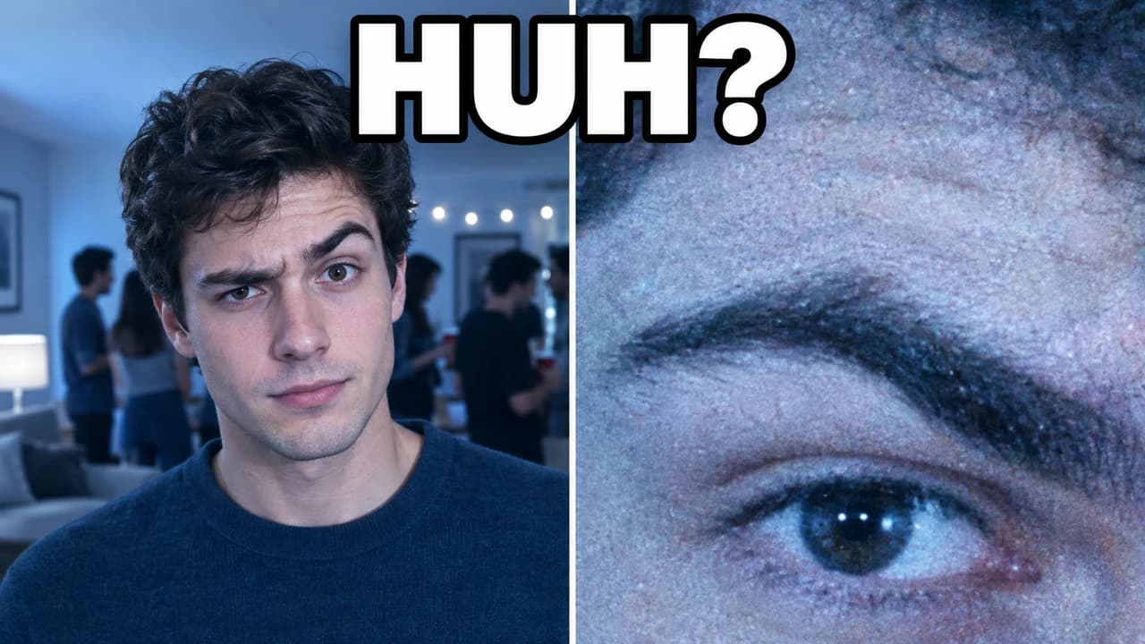 Meme-style absurd zoom thumbnail: split screen, a man at a party on the left, a grainy zoom on his raised eyebrow on the right, text HUH?