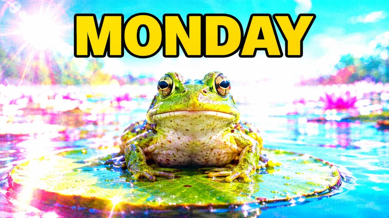 Meme-style deep-fried thumbnail: a frog dead centre on a lily pad in blown-out cyan and magenta, huge word MONDAY above