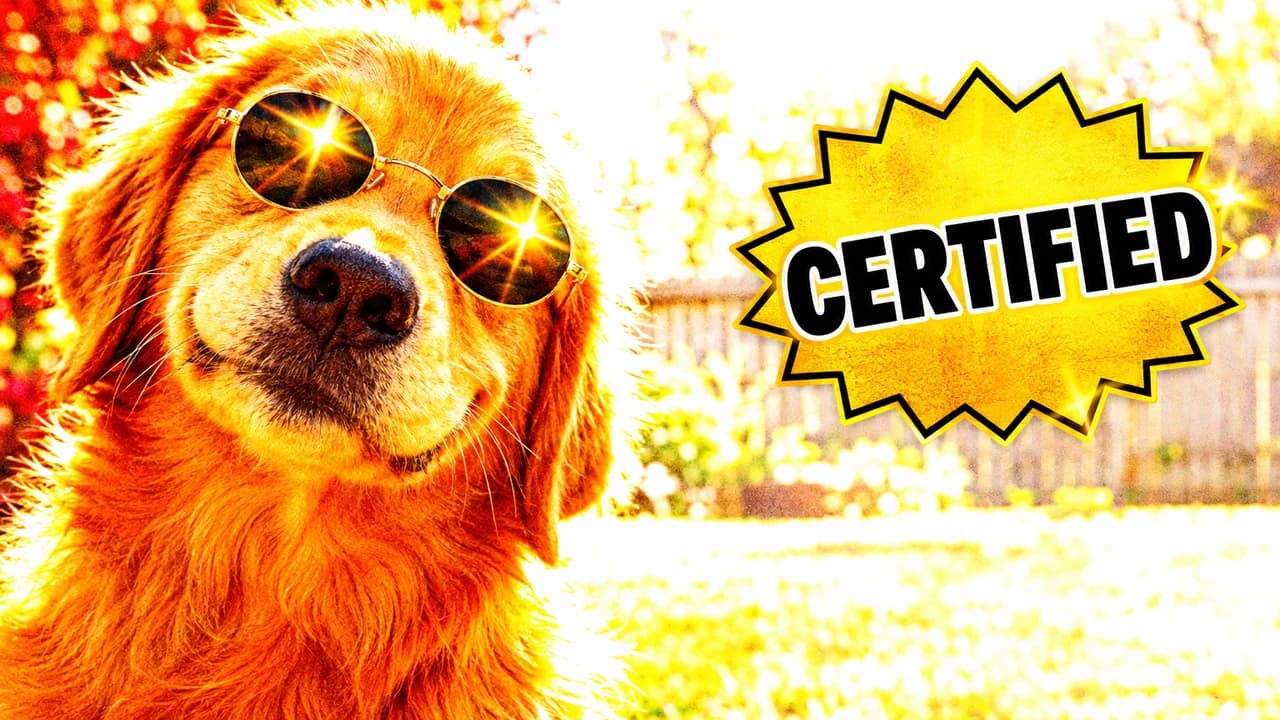 Meme-style deep-fried thumbnail: a smug golden retriever in round sunglasses on the left, star flares, gold sticker text CERTIFIED