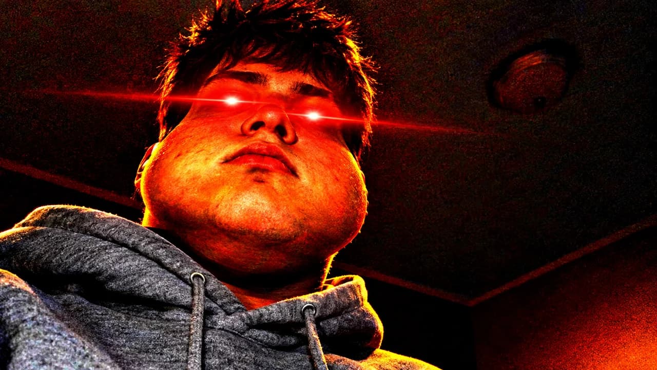 Meme-style deep-fried thumbnail: low-angle shot of a young man in a hoodie with glowing red eyes, crushed red colour, no text
