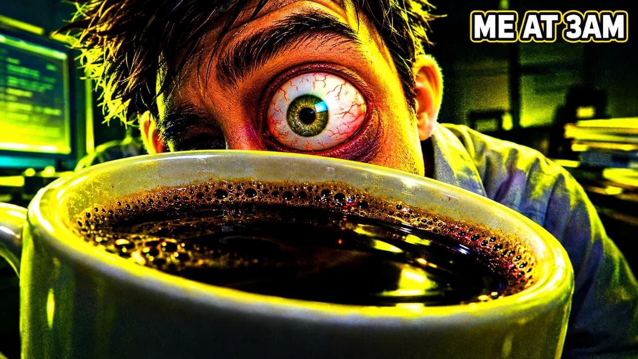 Meme-style deep-fried thumbnail: extreme close-up of a bloodshot eye over a giant coffee mug in radioactive green, text ME AT 3AM