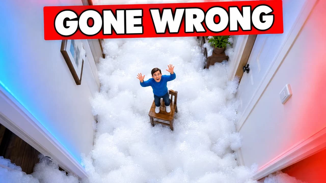 Meme-style gone wrong thumbnail: a top-down view of a hallway buried in bath foam, a tiny man on a chair, banner text GONE WRONG