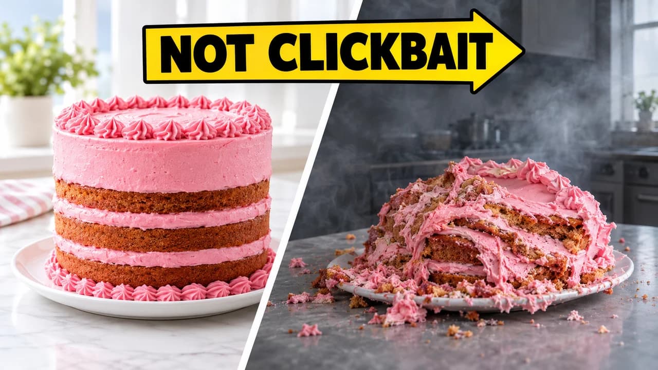 Meme-style gone wrong thumbnail: diagonal before-after split, a perfect pink cake and the same cake collapsed in smoke, text NOT CLICKBAIT
