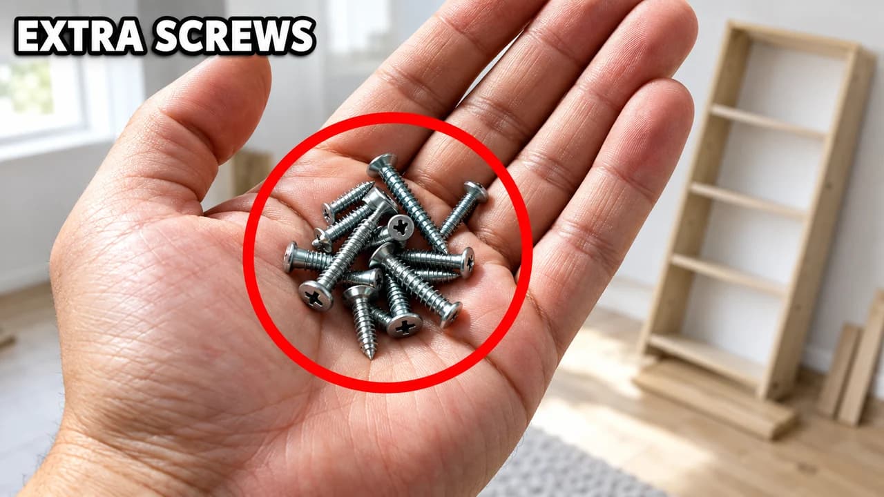Meme-style gone wrong thumbnail: extreme close-up of a palm holding leftover screws inside a red circle, small text EXTRA SCREWS
