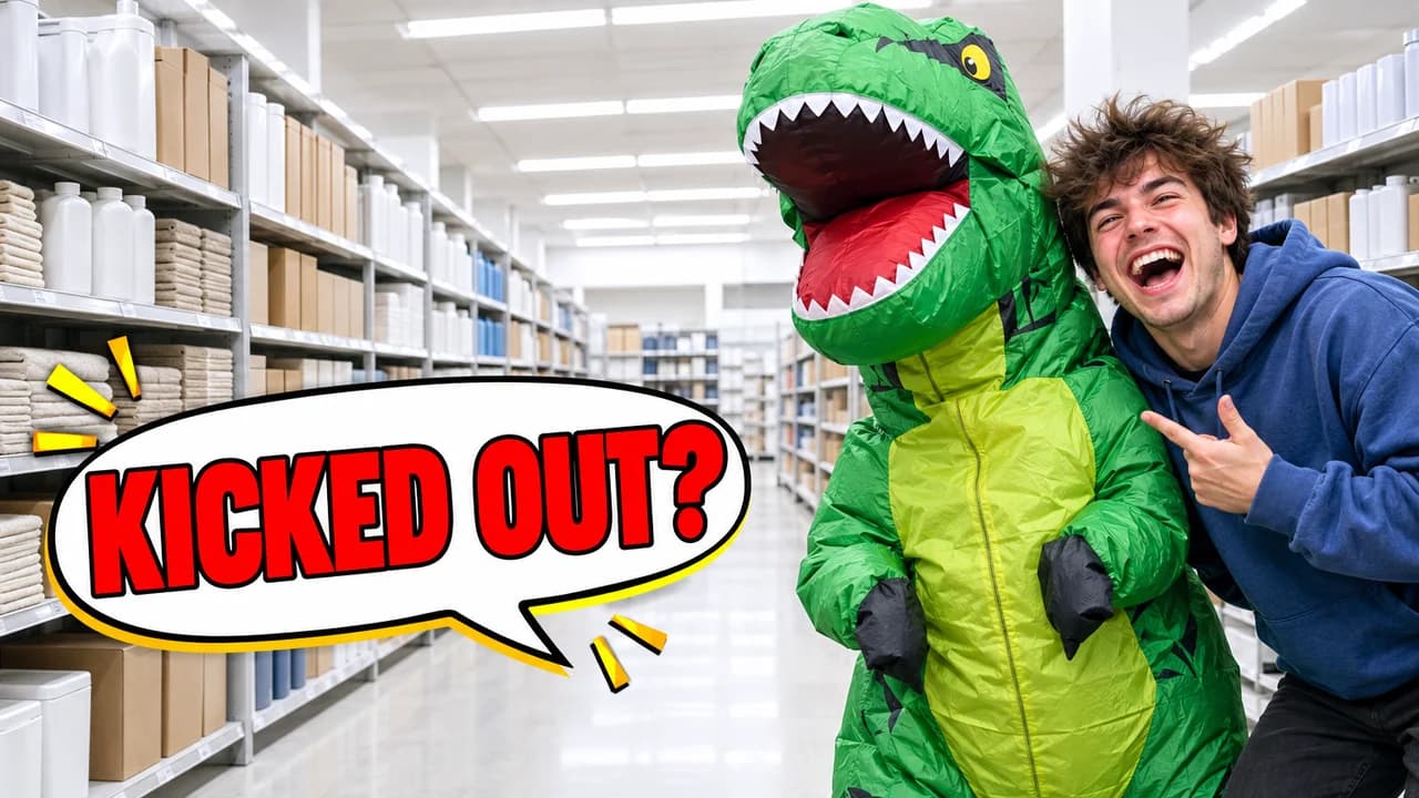 Meme-style gone wrong thumbnail: two friends in a supermarket aisle, one in an inflatable dinosaur costume, speech bubble KICKED OUT?