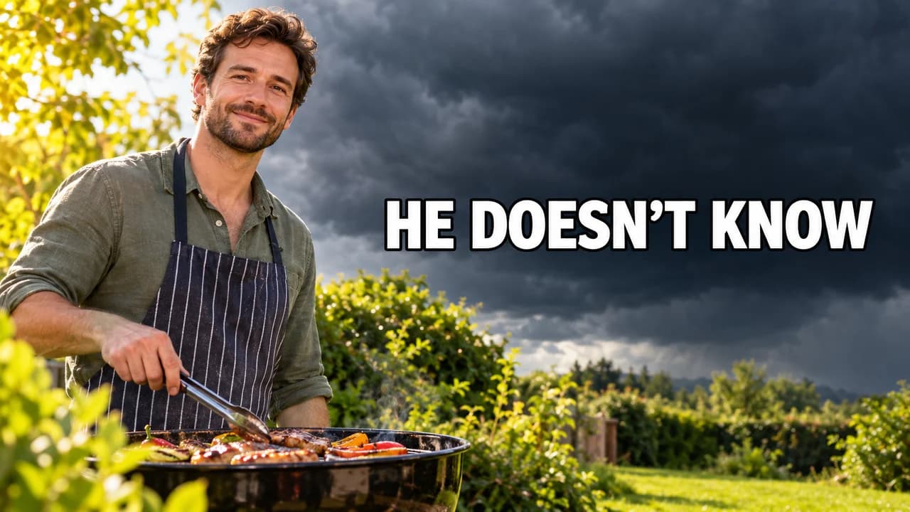 Meme-style mystery caption thumbnail: a smiling man at a garden barbecue with a storm cloud behind him, text HE DOESN'T KNOW