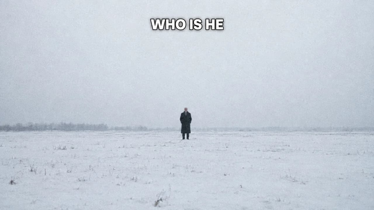 Meme-style mystery caption thumbnail: a wide snowy field with a tiny old man in a long coat staring at the camera, caption WHO IS HE