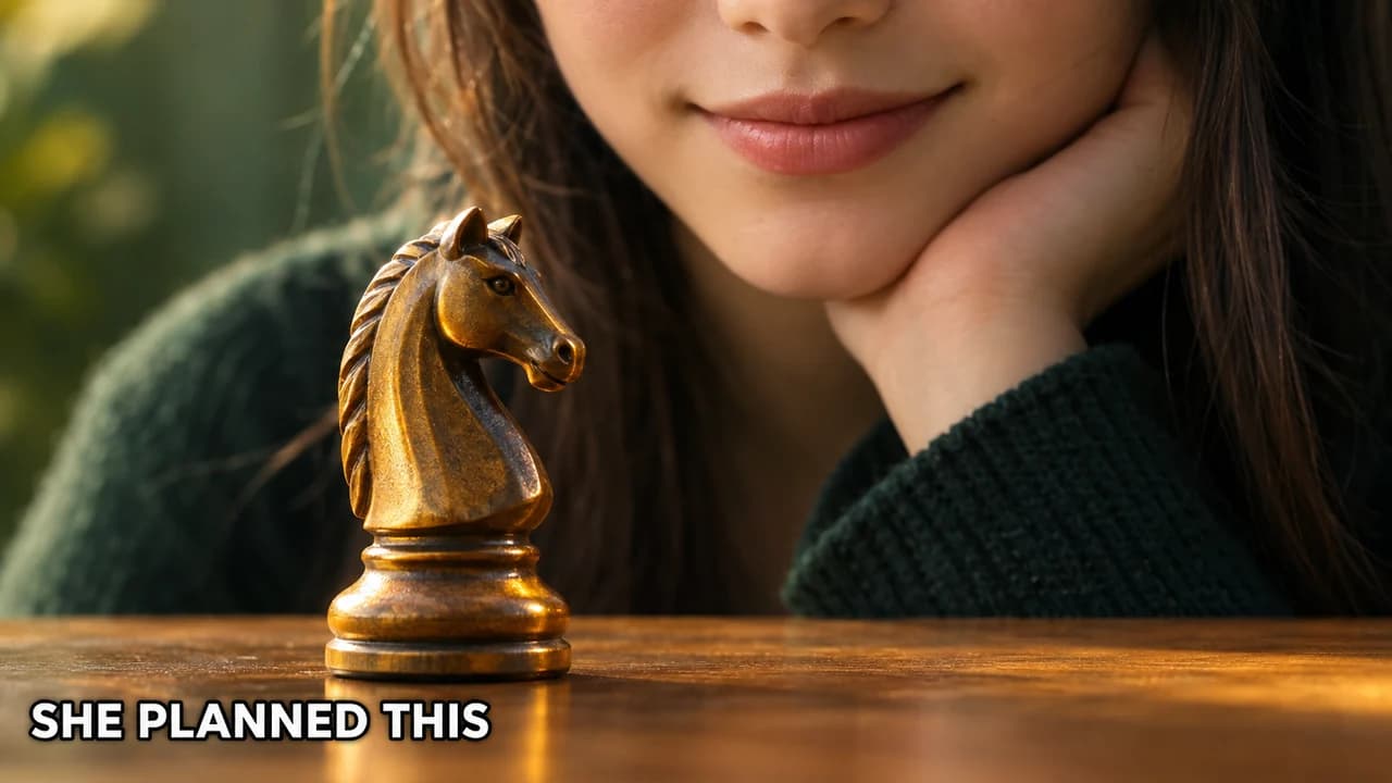 Meme-style mystery caption thumbnail: extreme close-up of a girl's faint calm smile behind a chess knight, caption SHE PLANNED THIS