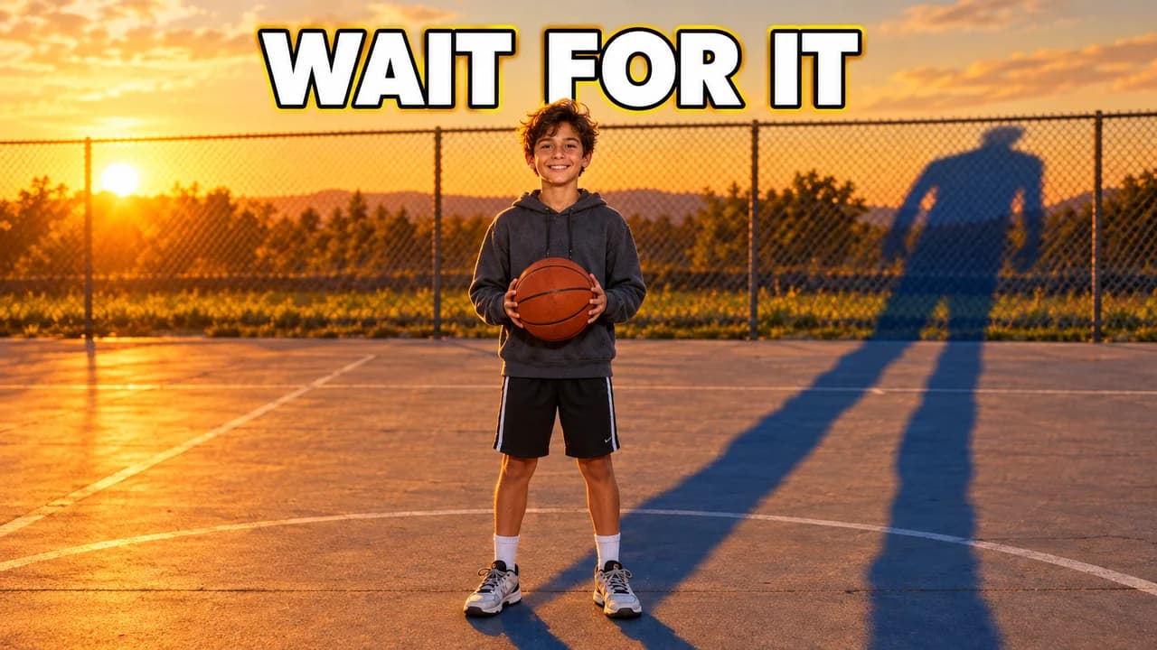 Meme-style mystery caption thumbnail: a grinning boy with a basketball dead centre, a much taller shadow behind him, caption WAIT FOR IT
