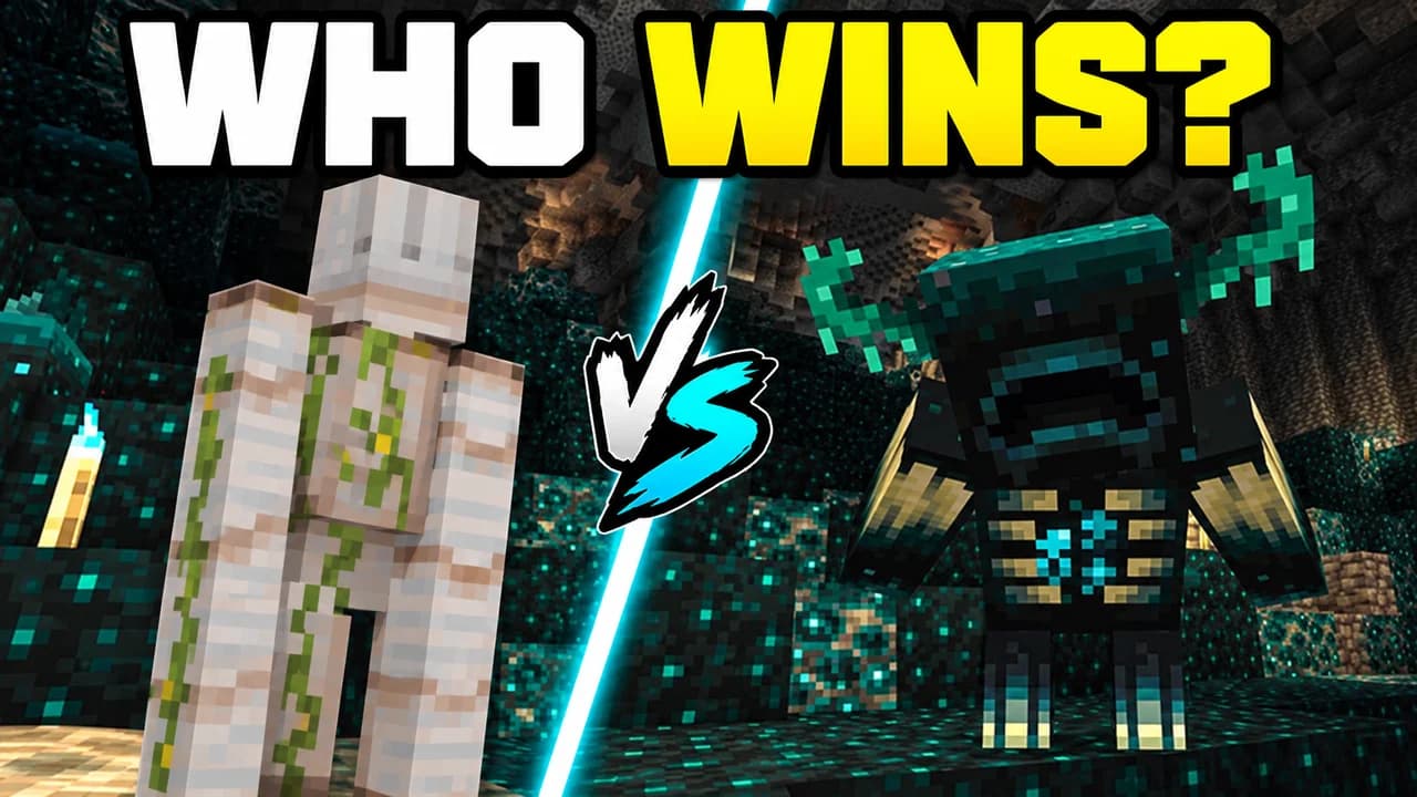 Minecraft thumbnail: an iron golem and the Warden face to face in a sculk arena with health bars above them, text WHO WINS?