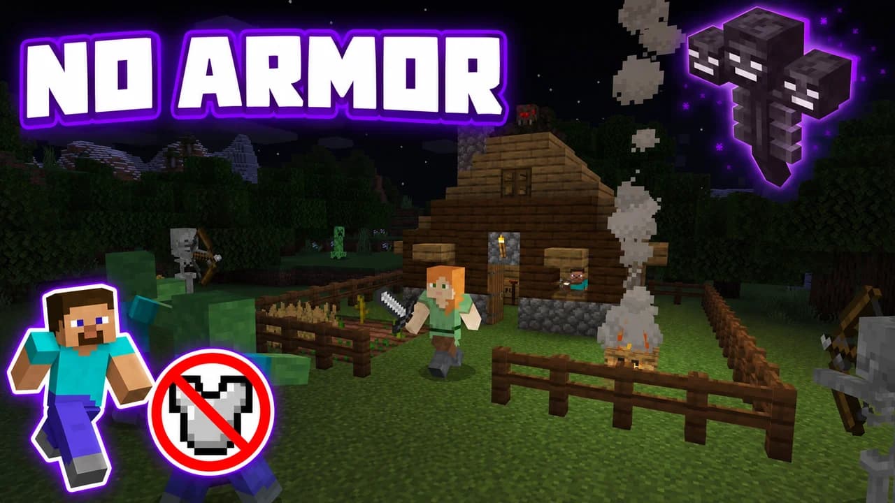 Minecraft thumbnail: the three-headed Wither looming over Steve in plain clothes with an iron sword, boss bar on top, text NO ARMOR