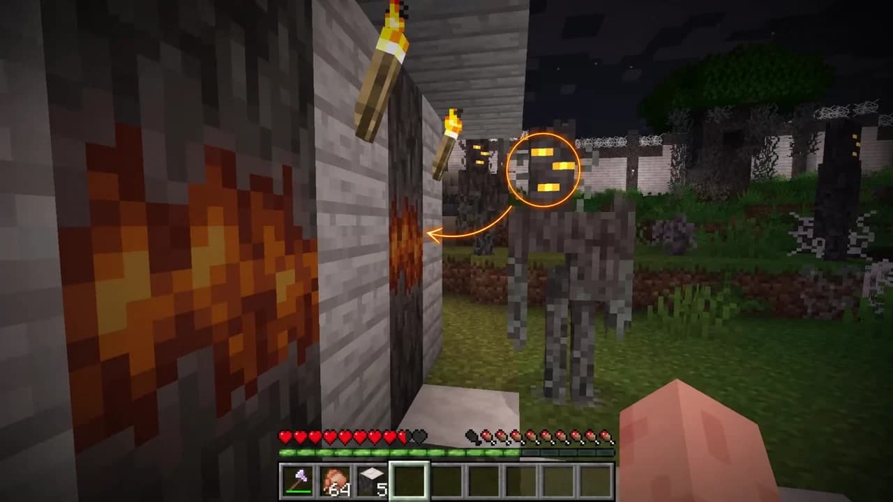 Minecraft thumbnail: a creaking with glowing orange eyes stepping out of the grey fog of the Pale Garden toward Alex and her torch, no text