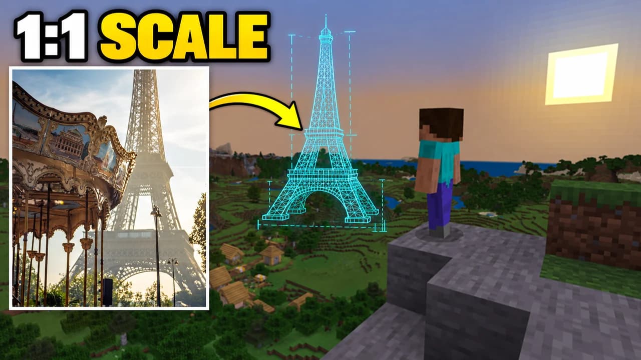 Minecraft thumbnail: split frame of the Eiffel Tower at sunset and its block-for-block Minecraft replica with Steve on top, text 1:1 SCALE