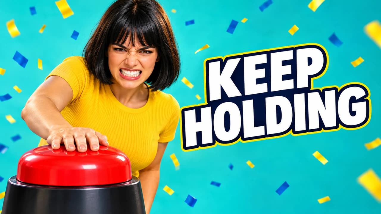 MrBeast-style challenge thumbnail: a woman with a black bob pressing a giant red button, teeth clenched, text KEEP HOLDING