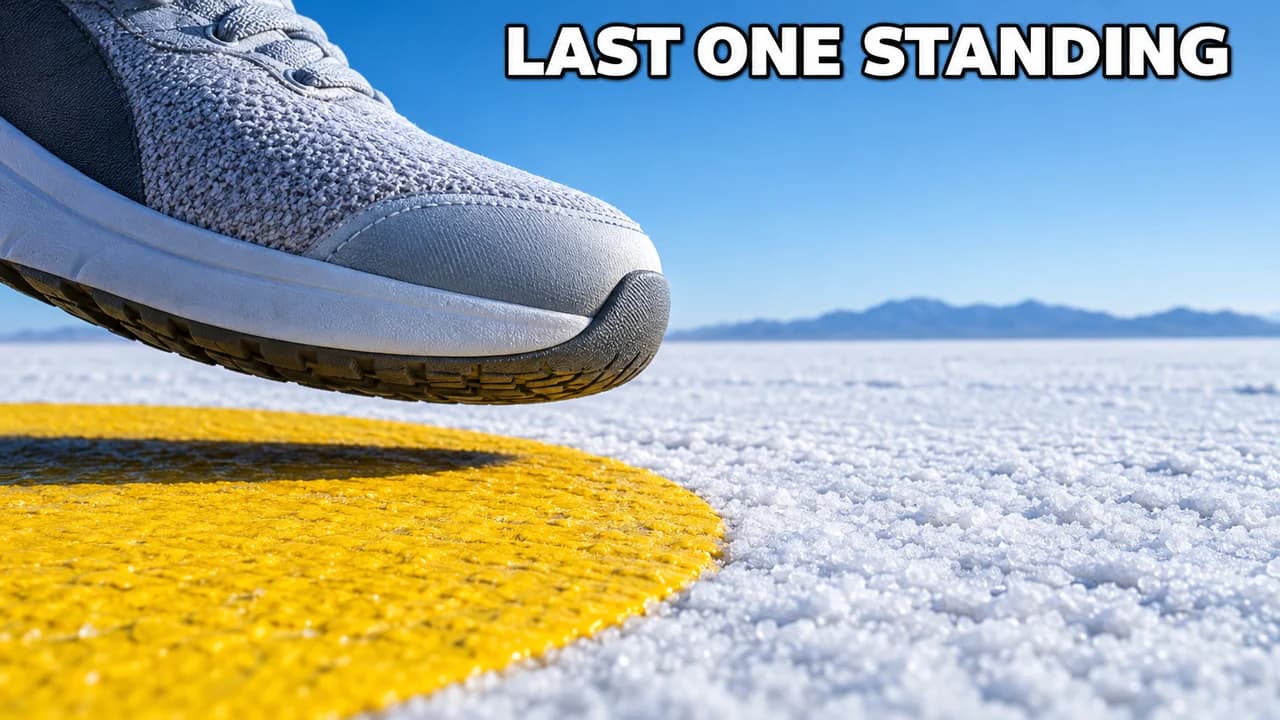 MrBeast-style challenge thumbnail: extreme close-up of a sneaker toe over a painted yellow circle on a salt flat, small text LAST ONE STANDING