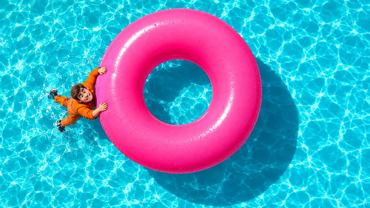 MrBeast-style challenge thumbnail: top-down view of a pool with a tiny man in orange hanging from a giant pink ring, no text