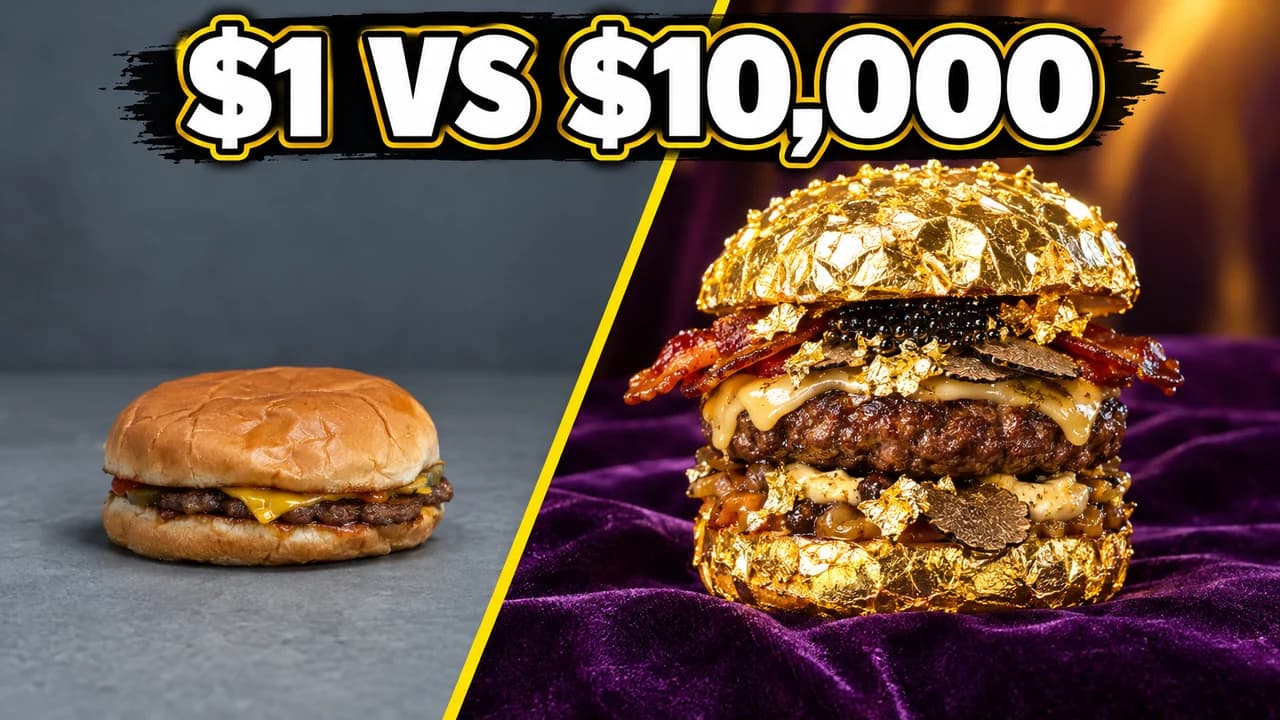 MrBeast-style comparison thumbnail: diagonal split between a squashed grey burger and a towering gold-leaf burger, text $1 VS $10,000