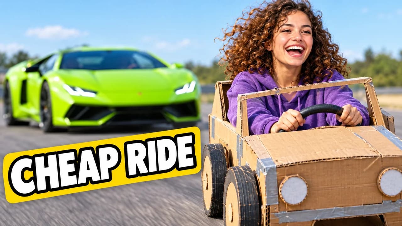 MrBeast-style comparison thumbnail: a laughing woman in a cardboard car, a lime sports car blurred behind, text CHEAP RIDE on a yellow sticker