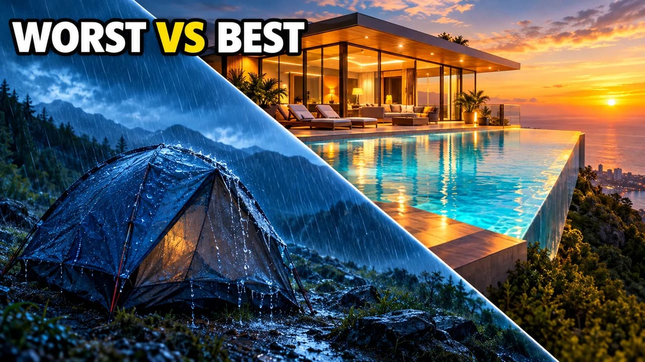 MrBeast-style comparison thumbnail: wide dusk shot of a tiny tent in cold rain and a glowing penthouse across a diagonal, label WORST VS BEST
