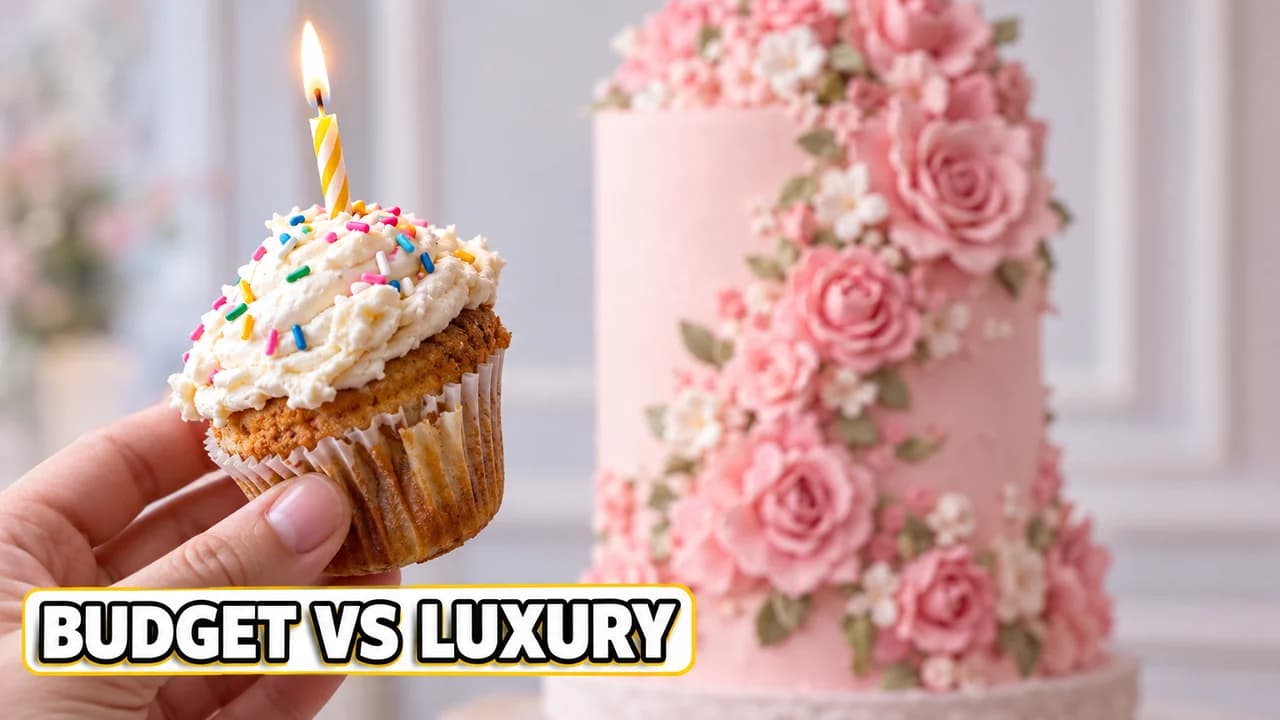 MrBeast-style comparison thumbnail: extreme close-up of a hand holding a lopsided cupcake, a huge pink cake blurred behind, text BUDGET VS LUXURY