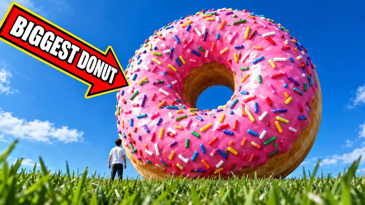 MrBeast-style giant object thumbnail: low-angle shot up at a house-sized pink donut with a tiny man at its base, text BIGGEST DONUT in a red arrow