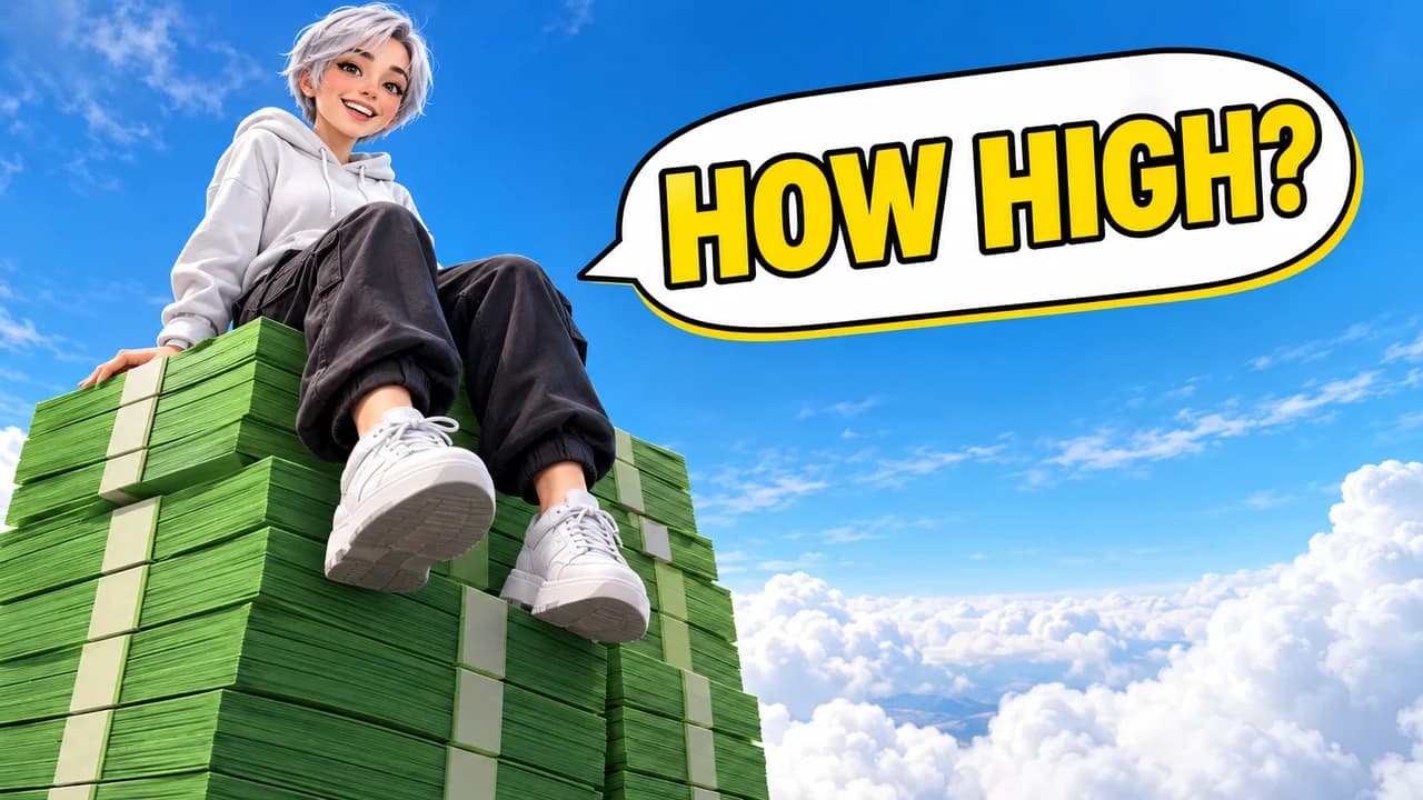 MrBeast-style giant object thumbnail: a silver-haired woman sitting on a stack of green banknotes above the clouds, text HOW HIGH in a speech bubble