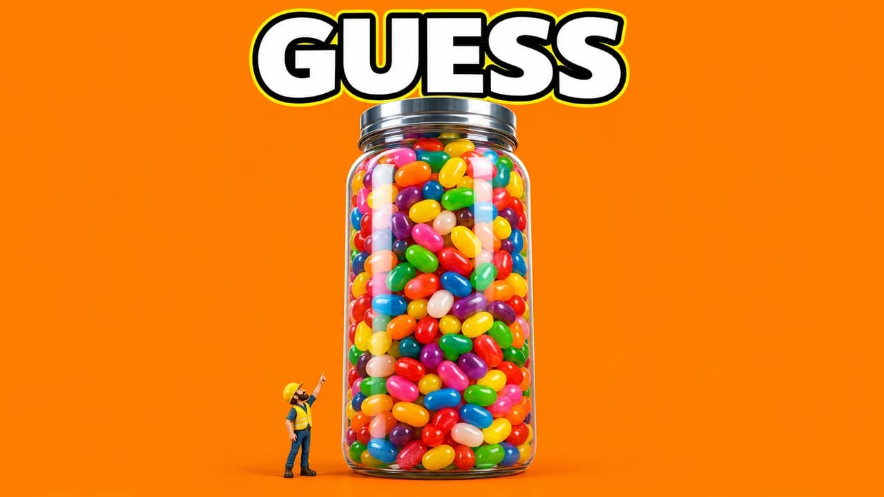 MrBeast-style giant object thumbnail: a building-tall jellybean jar dead centre on orange, a tiny man in a hard hat below, the word GUESS above