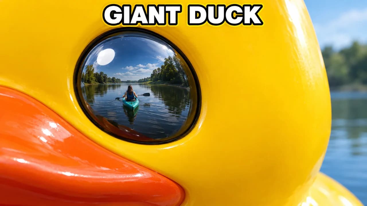 MrBeast-style giant object thumbnail: extreme close-up of a giant rubber duck's eye with a tiny kayaker reflected in it, small text GIANT DUCK