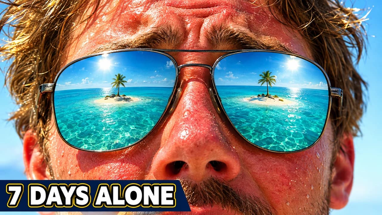 MrBeast-style survival thumbnail: extreme close-up of a sunburned man whose sunglasses reflect a tiny one-palm island, text 7 DAYS ALONE
