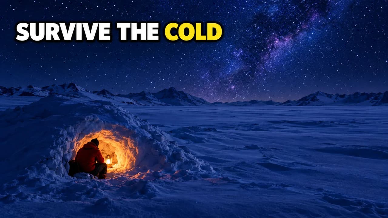 MrBeast-style survival thumbnail: wide night shot of a snowfield with a tiny lit snow cave and a figure in red, label SURVIVE THE COLD